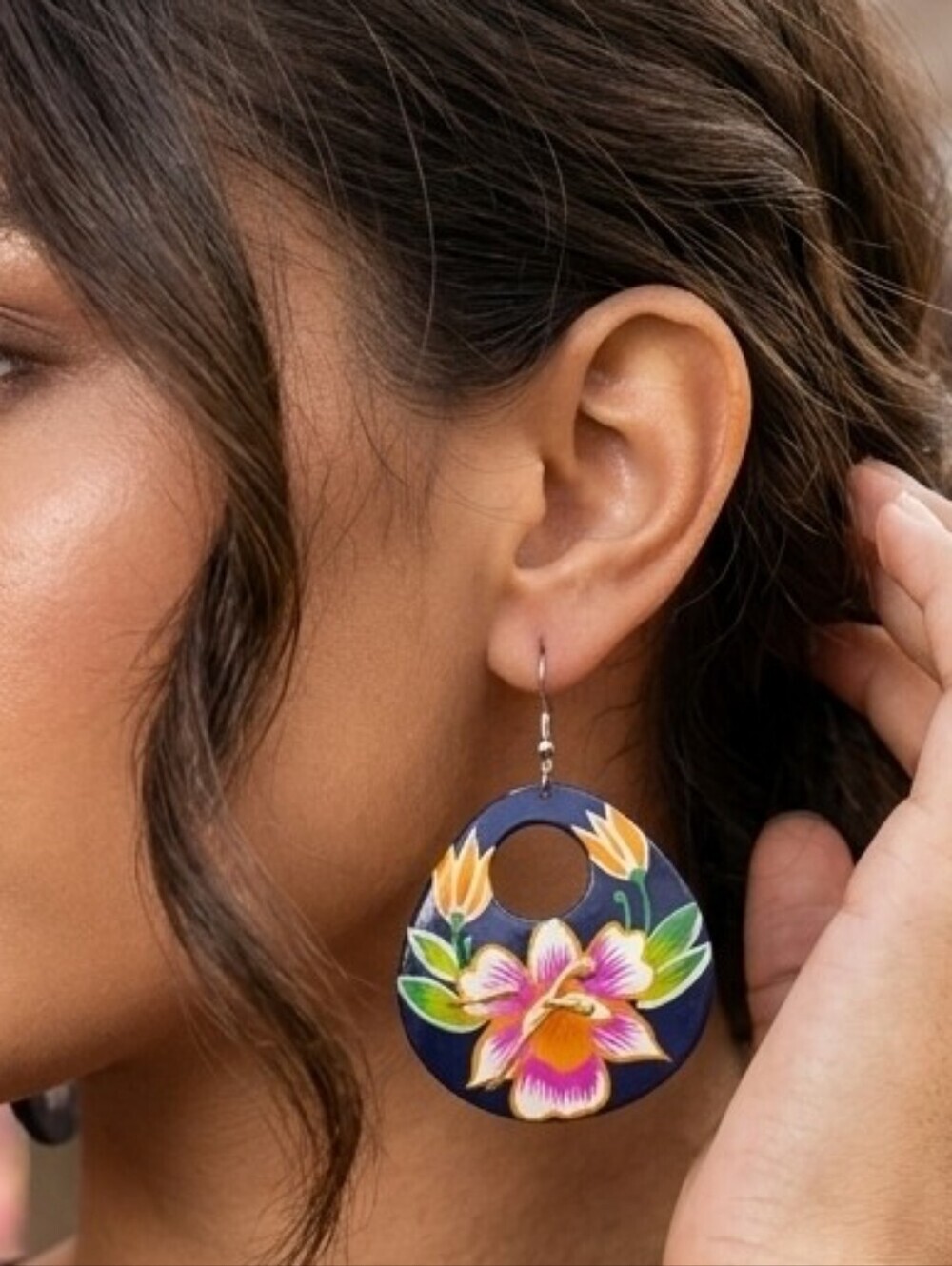 Handmade Artisan Handpainted Floral Teardrop Hoop Earrings Boho Cottagecore 3x2"